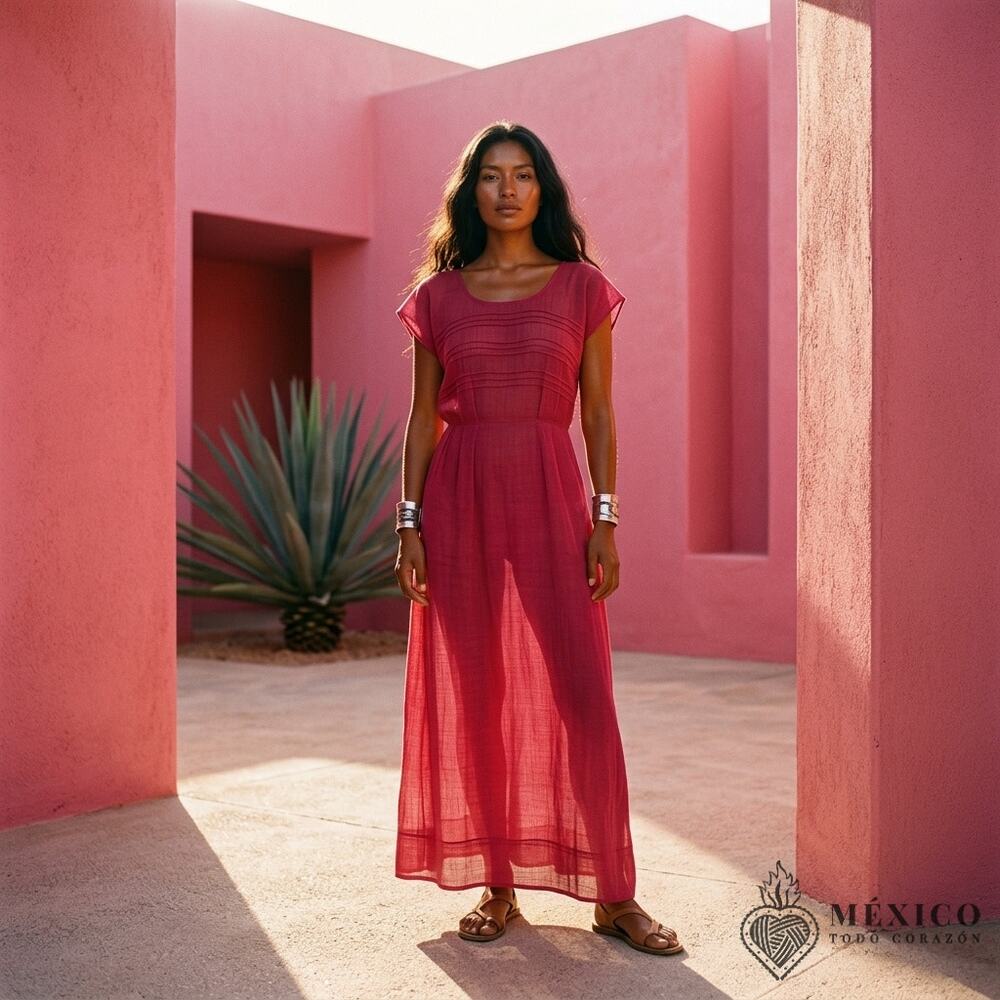 Mexican fiusha gauze Maxi Dress – Handmade Cotton Floral Artisan Gown (one size)